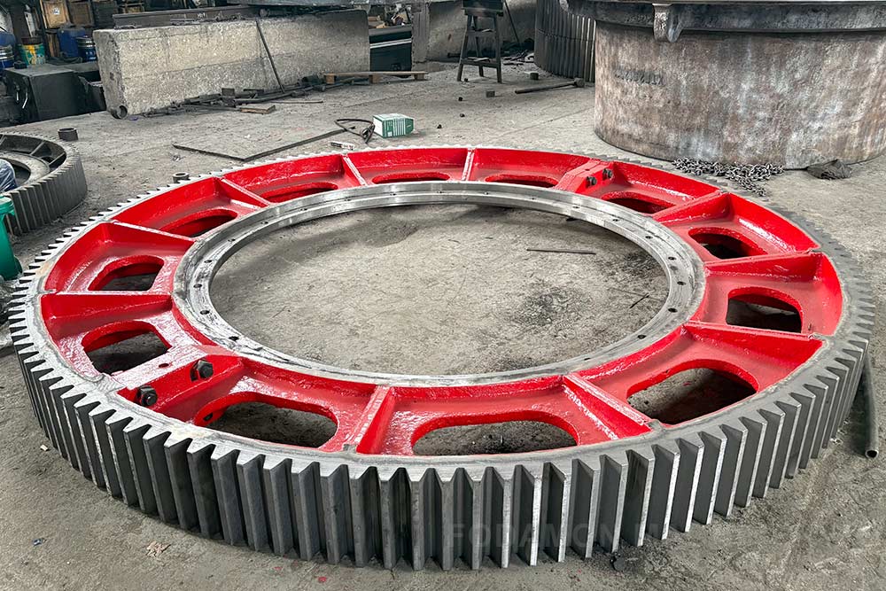 Large girth gear and pinion prepared for shipment to Indonesia